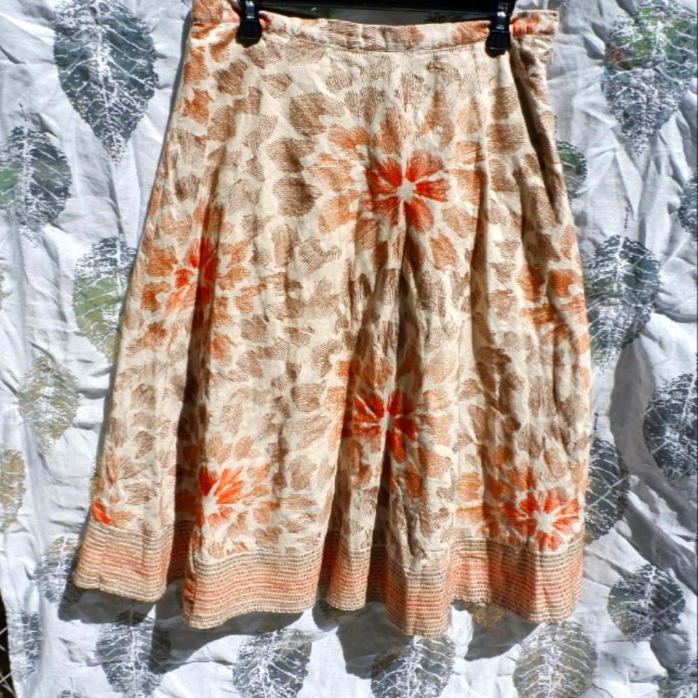 10/12) Coldwater Creek Embroidered Linen/Cotton Blend Lined Midi Skirt